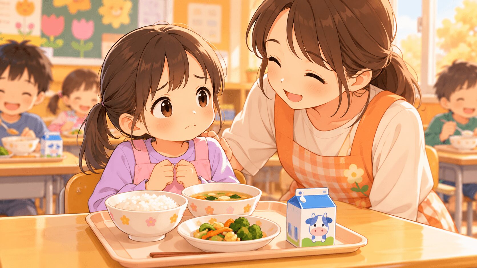 給食が苦手な小1の子に先生がやさしく声をかけるイラスト