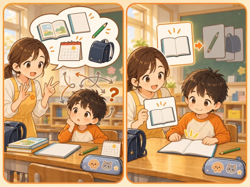 複数の指示に戸惑う子どもと、することを一つずつ絵で示されて取り組む子どもの比較イラスト
