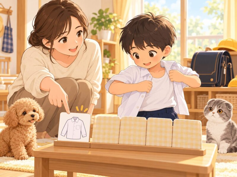 今する着替えだけを絵カードで示して朝の支度を進める小学1年生と保護者のイラスト