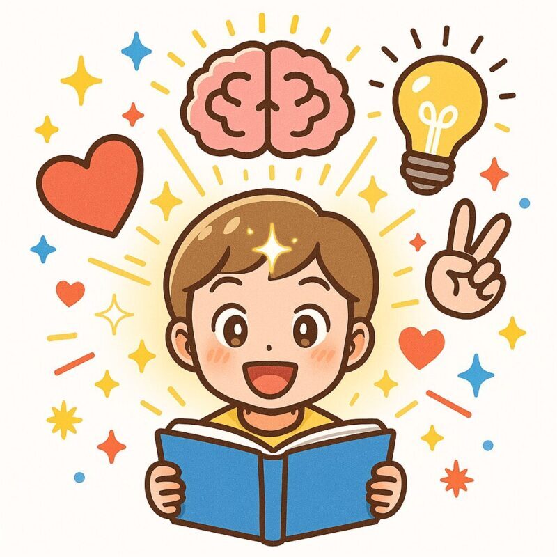 5歳の子どもが物語を読みながら登場人物の気持ちを考えるイラスト