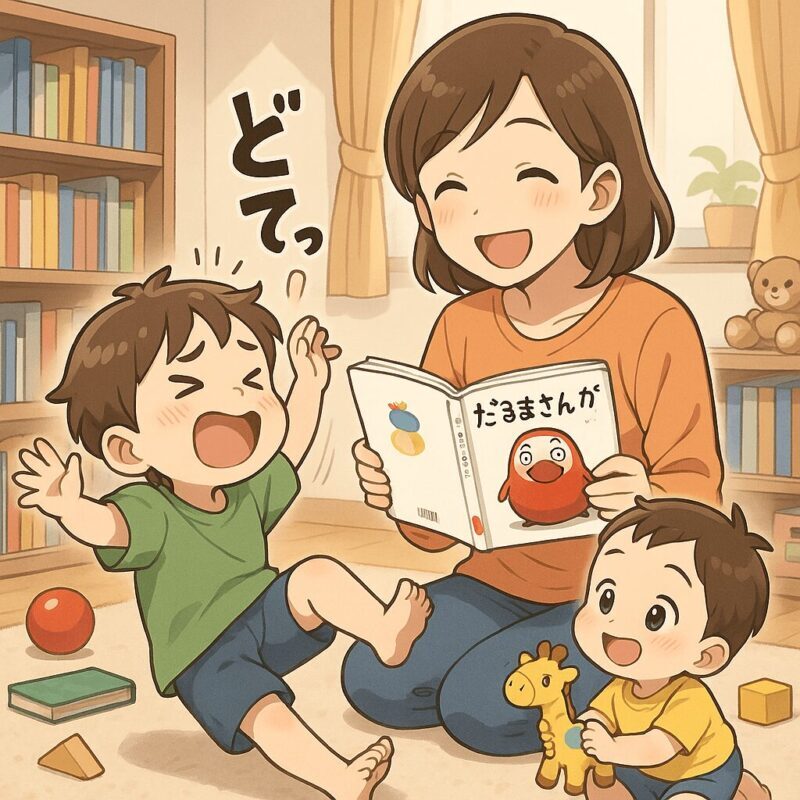 1歳の子どもがだるまさんがの動きをまねして楽しむイラスト