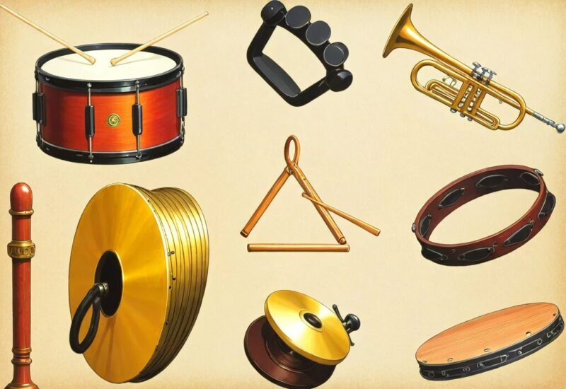 太鼓やトライアングルなど音遊びを楽しめる楽器のイラスト