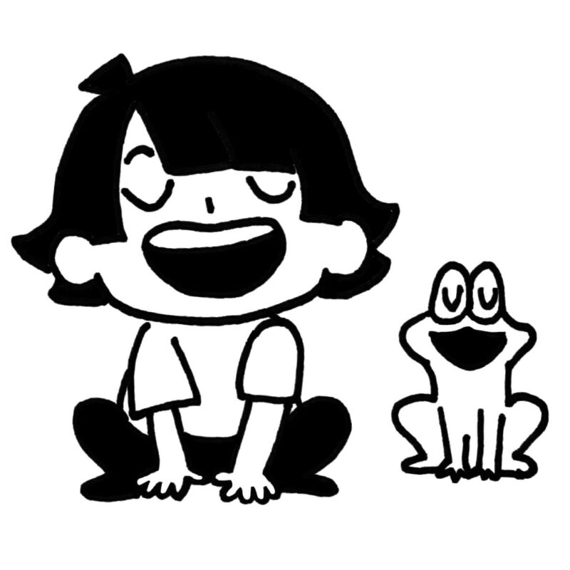 カエルと一緒にぴょーんと跳ぶ動きを楽しむ子どものイラスト