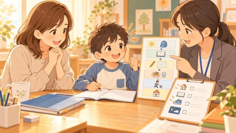 WISCのFSIQ結果を家庭と学校の支援に活かす相談をしているイラスト