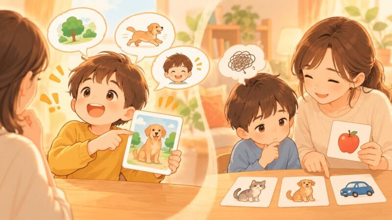 WISCのVCI言語理解が高い子と低い子の特徴を絵カードで表したイラスト