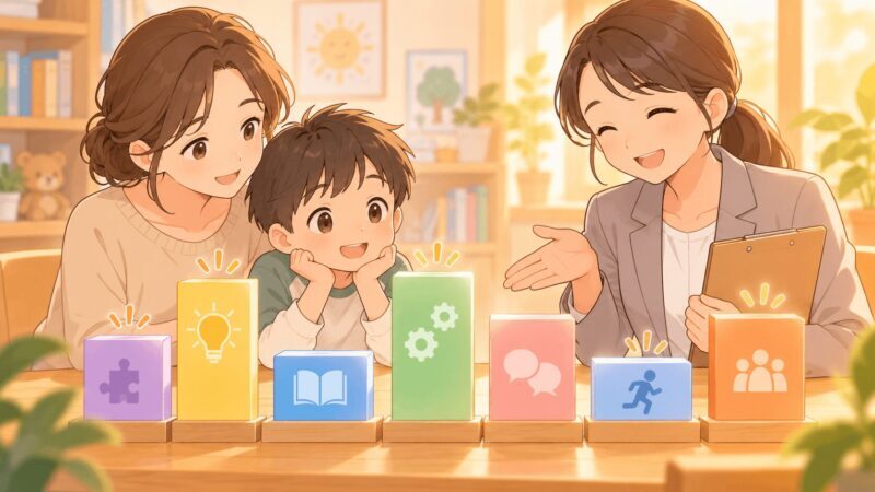 WISCの下位指標の凸凹をカラフルなブロックで説明しているイラスト