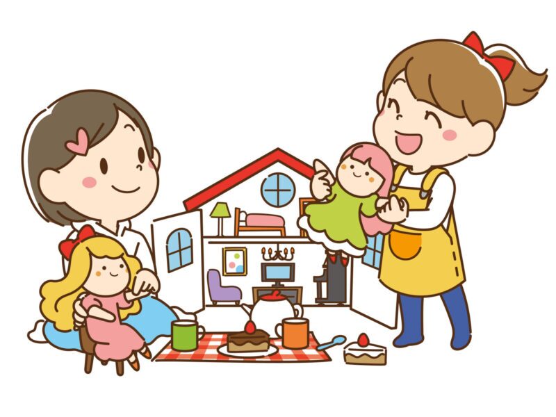 親子で人形やぬいぐるみを使ってごっこ遊びをするイラスト