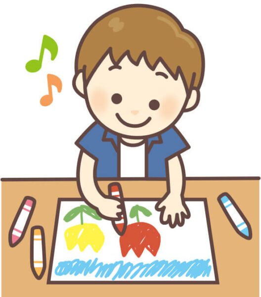 親子で絵を描いたり紙を貼ったりして工作を楽しむイラスト