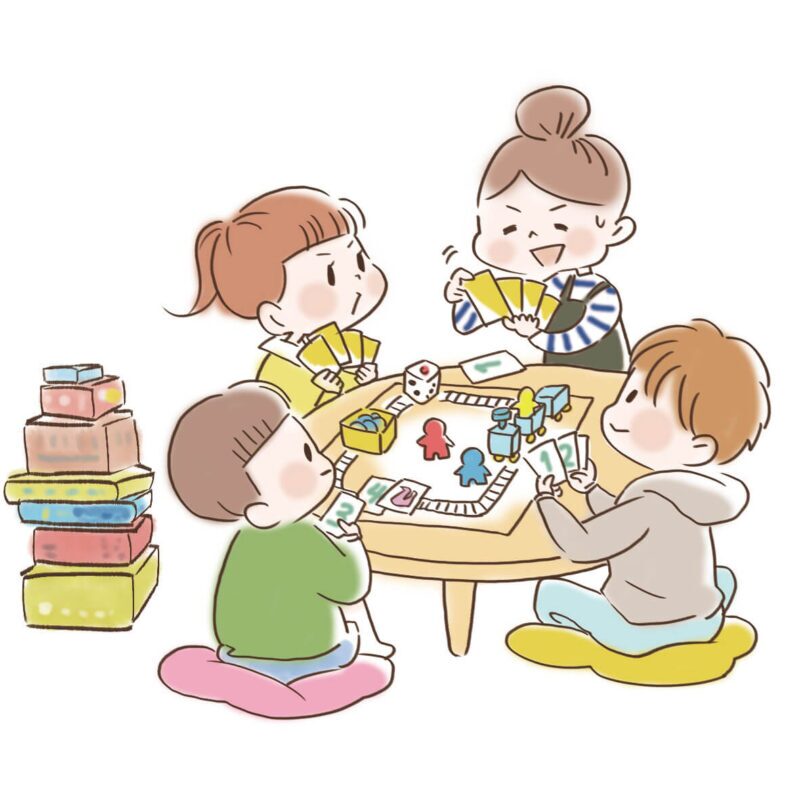 親子や友達と知育ボードゲームを楽しむ子どもたちのイラスト