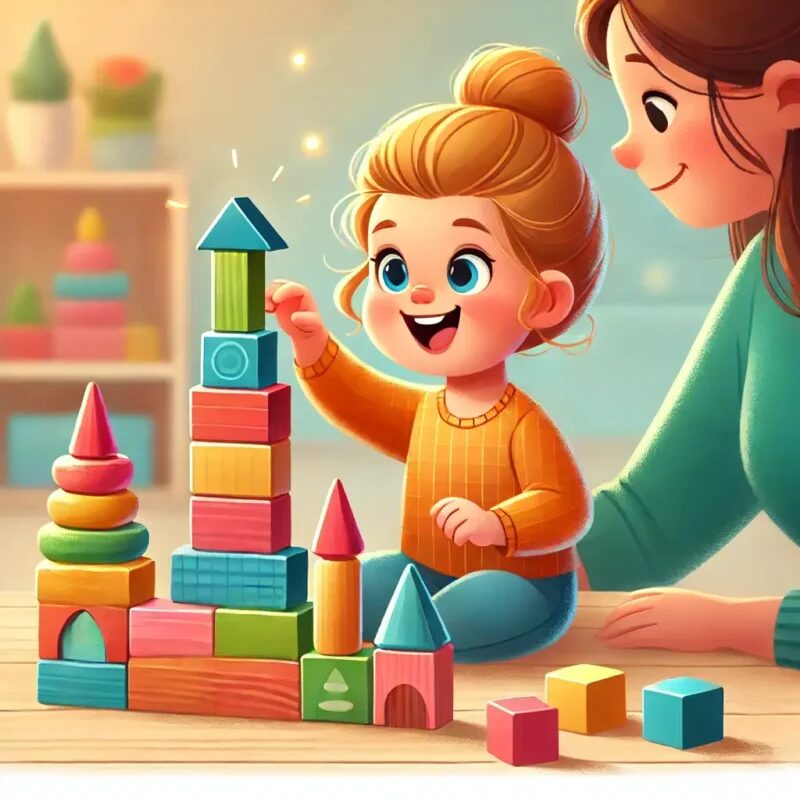 親子で積み木を積んで高さを比べるイラスト