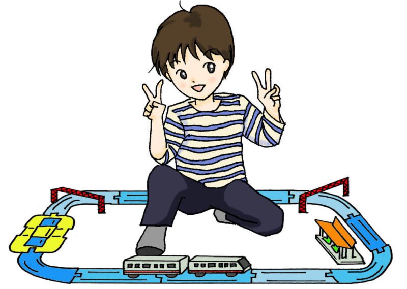 親子で車や電車を走らせて遊ぶイラスト