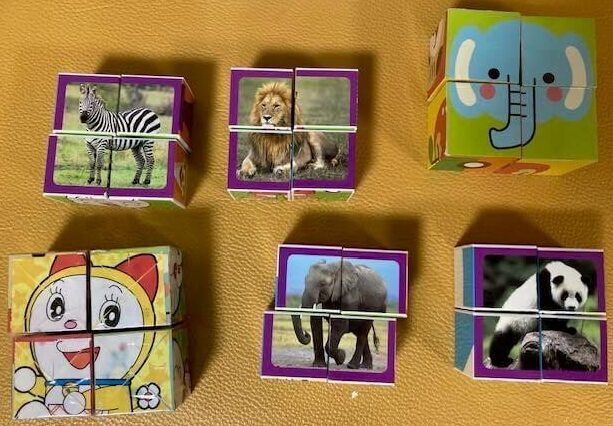 キューブの向きを変えて絵を完成させるパズル
