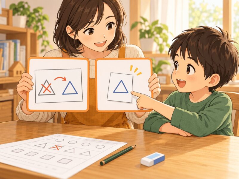 横に書く方法と別紙に書く方法から書き直し方を選ぶ小学1年生のイラスト