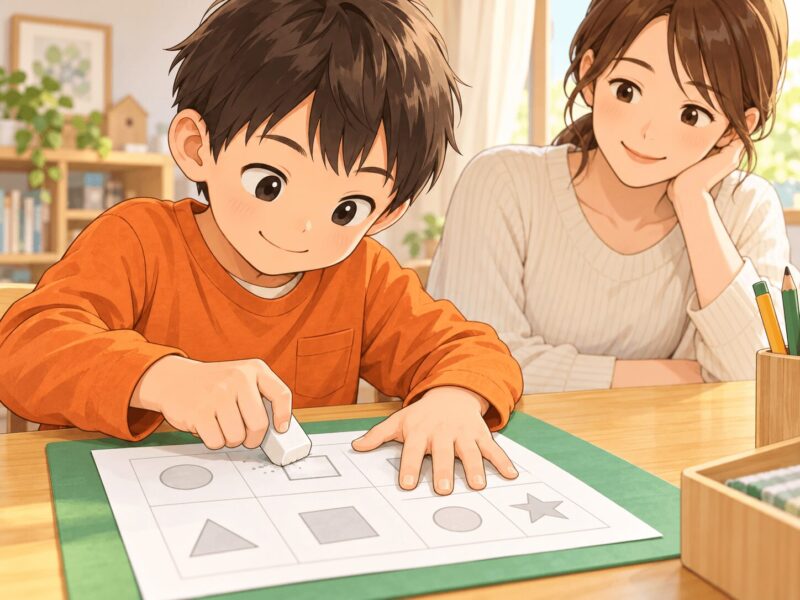 反対の手でプリントを押さえて消しゴムで一文字だけ消す小学1年生のイラスト