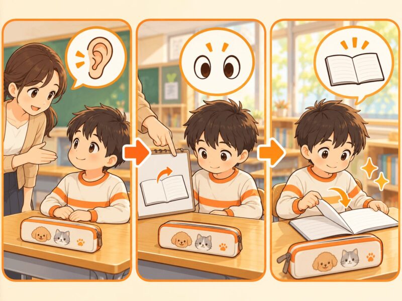 先生の指示を聞き、視覚的な手がかりを見て、することを一つ実行する流れのイラスト