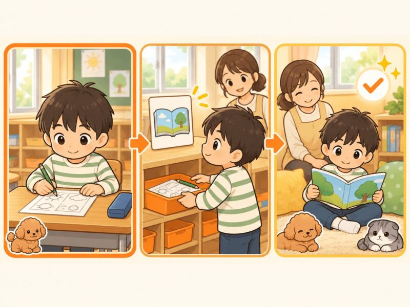 今している活動・次にすること・終わりを順番に示した視覚支援イラスト