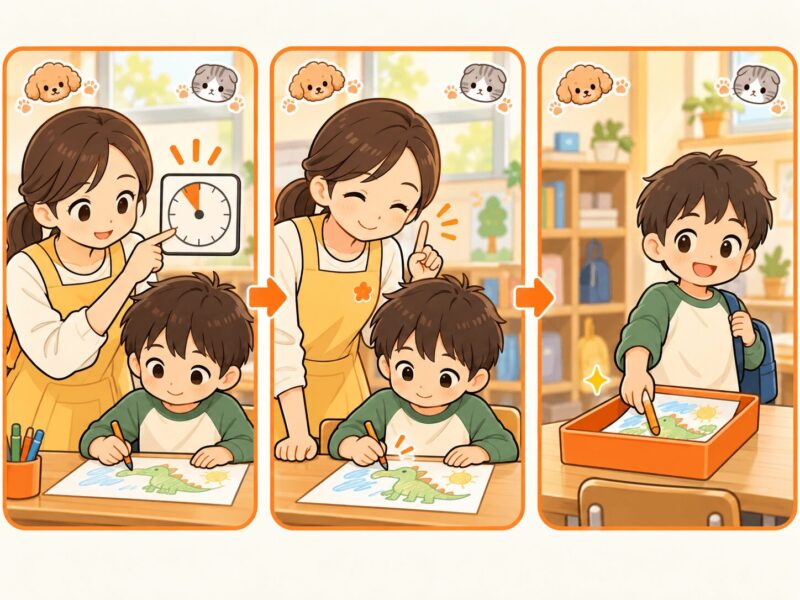 活動の終了を予告し、あと一回取り組んでからおしまいにする流れの視覚支援イラスト