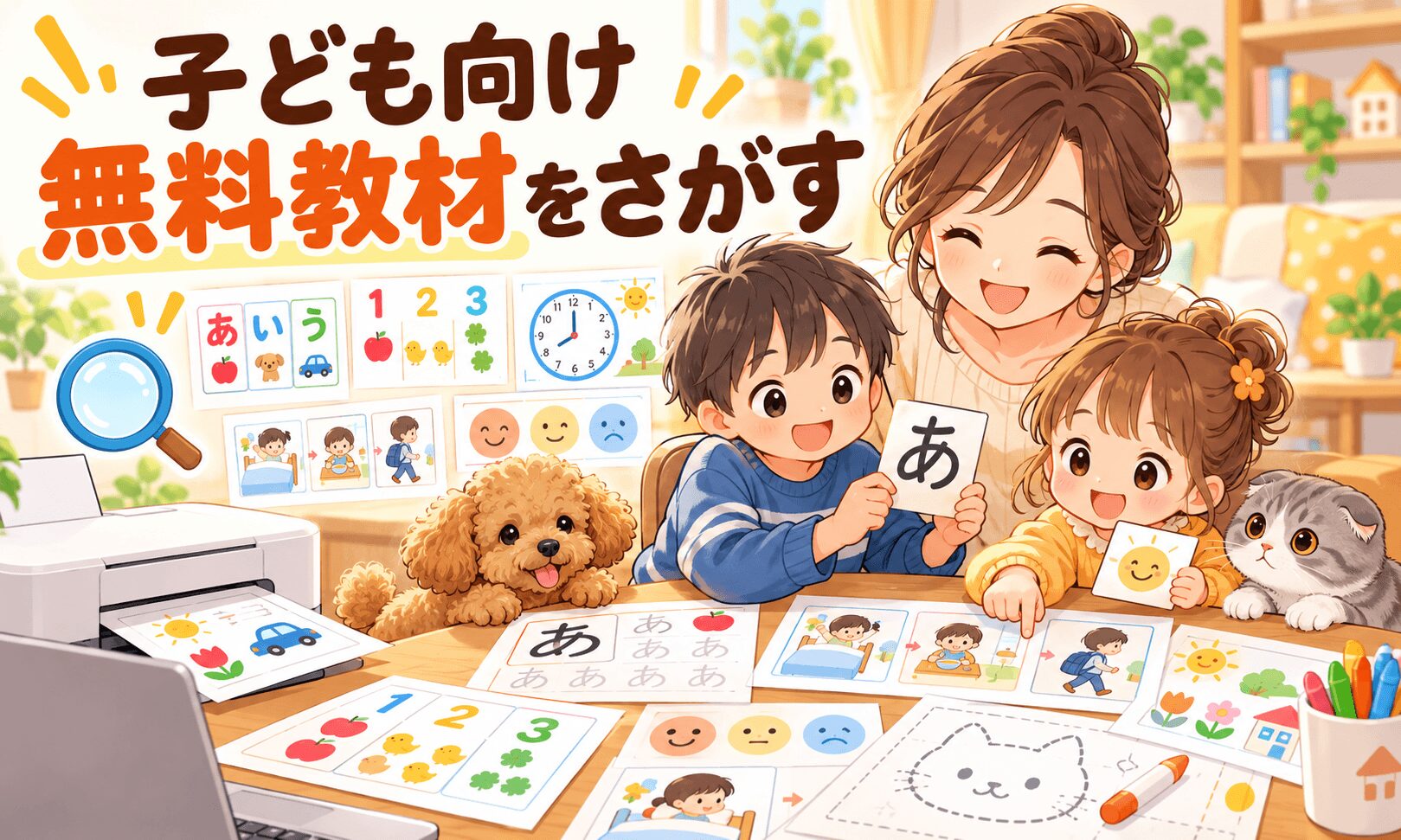 ひらがな・数字・生活カードなどの子ども向け無料教材を親子で選ぶ様子