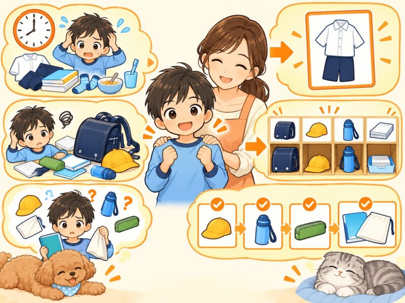 小学1年生が困っている場面に合わせて絵カード・持ち物の定位置・チェック表を選ぶイラスト