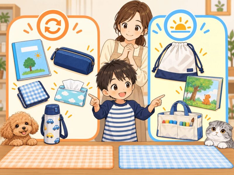 毎日の持ち物と明日だけ必要な持ち物を二つに分けて確認する視覚支援イラスト