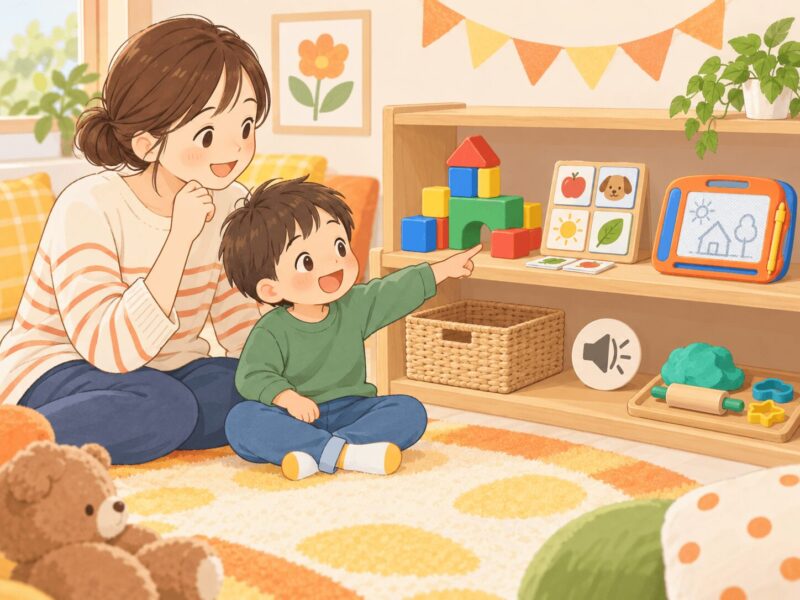 子どもの興味や手先の使いやすさに合わせて知育おもちゃを選ぶ親子のイラスト