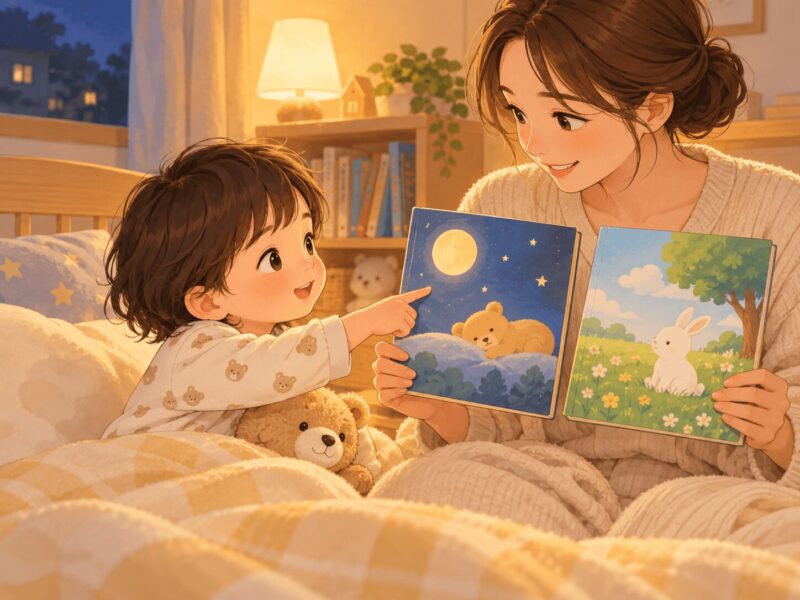 寝る前に読む絵本を2冊から選ぶ子どものイラスト