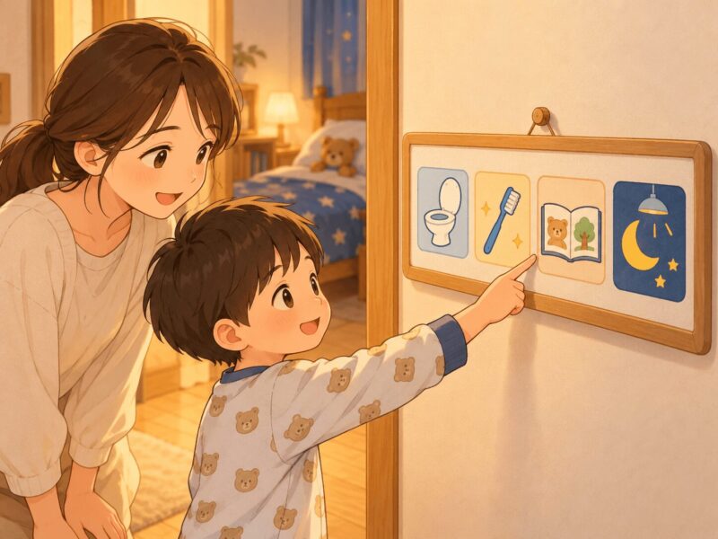 トイレ・歯磨き・絵本・消灯の流れを絵で確認する子どものイラスト