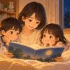 寝る前に子どもたちと保護者が落ち着いて絵本を読むイラスト