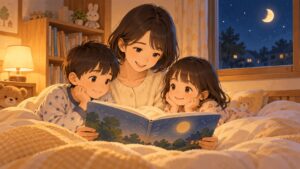 寝る前に子どもたちと保護者が落ち着いて絵本を読むイラスト