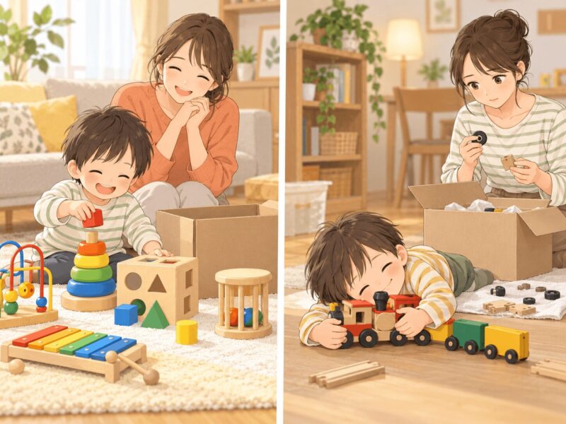 おもちゃのサブスクが合う家庭と返却やパーツ管理に負担を感じる家庭のイラスト