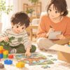発達が気になる子に合うおもちゃのサブスクを検討する親子のイラスト