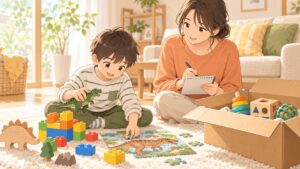 発達が気になる子に合うおもちゃのサブスクを検討する親子のイラスト