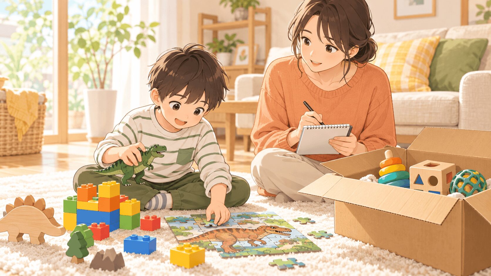 発達が気になる子に合うおもちゃのサブスクを検討する親子のイラスト