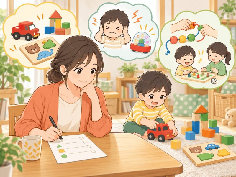 おもちゃ選びで子どもの好きな遊び・苦手な刺激・現在の様子を整理する母親のイラスト