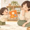 同じ絵本を何度も読んでほしい子どもと笑顔で応える保護者のイラスト
