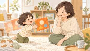 同じ絵本を何度も読んでほしい子どもと笑顔で応える保護者のイラスト