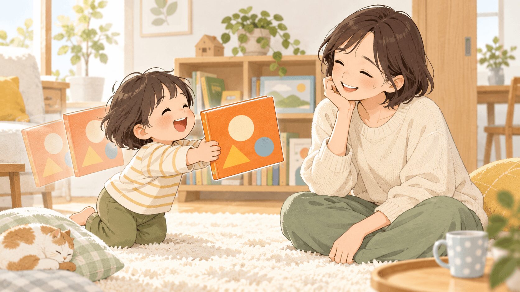 同じ絵本を何度も読んでほしい子どもと笑顔で応える保護者のイラスト