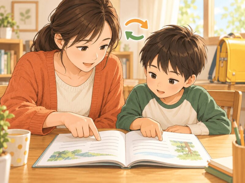 音読の宿題を保護者と一文ずつ交代して読む小学1年生のイラスト