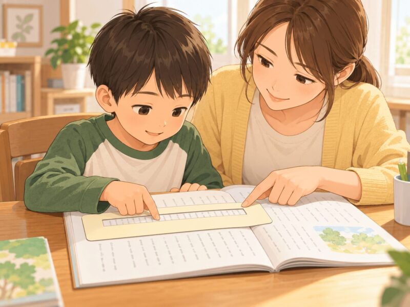 読む行だけが見える読み窓を使って音読する小学1年生と保護者のイラスト