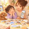 家庭で子どもの写真を使った記念カードや視覚支援カードを作る様子