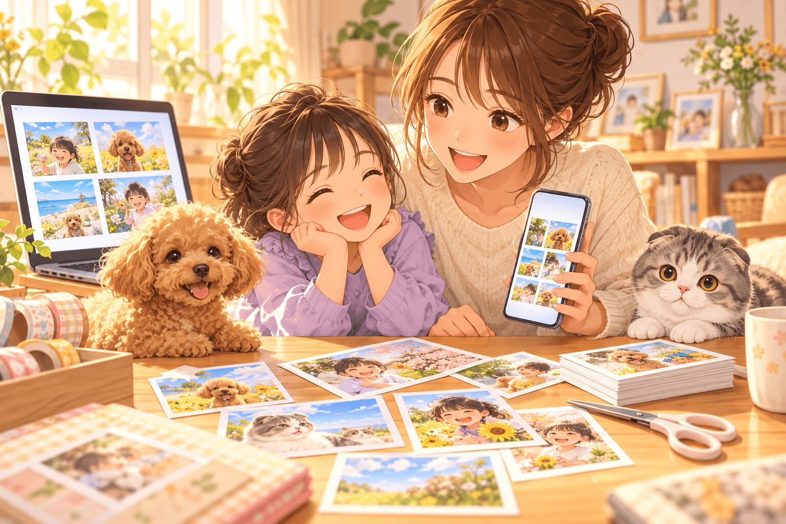 家庭で子どもの写真を使った記念カードや視覚支援カードを作る様子