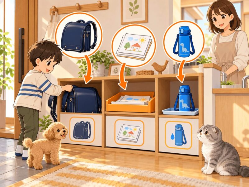 ランドセル・学校のプリント・水筒の決まった置き場所を絵で見える化したイラスト