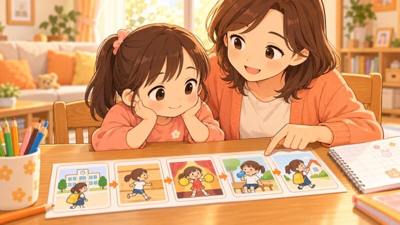 親子で学校行事の予定表を確認して見通しを持つ様子