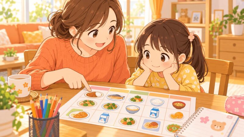 親子で給食の献立表を見て見通しを持つ様子