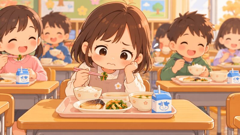 給食の味や食感が苦手で不安そうな小1の子ども