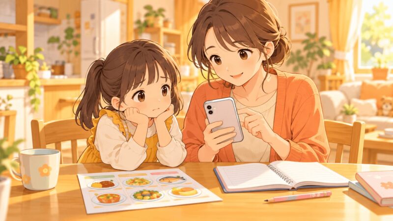 給食の不安について担任の先生に相談する保護者のイラスト
