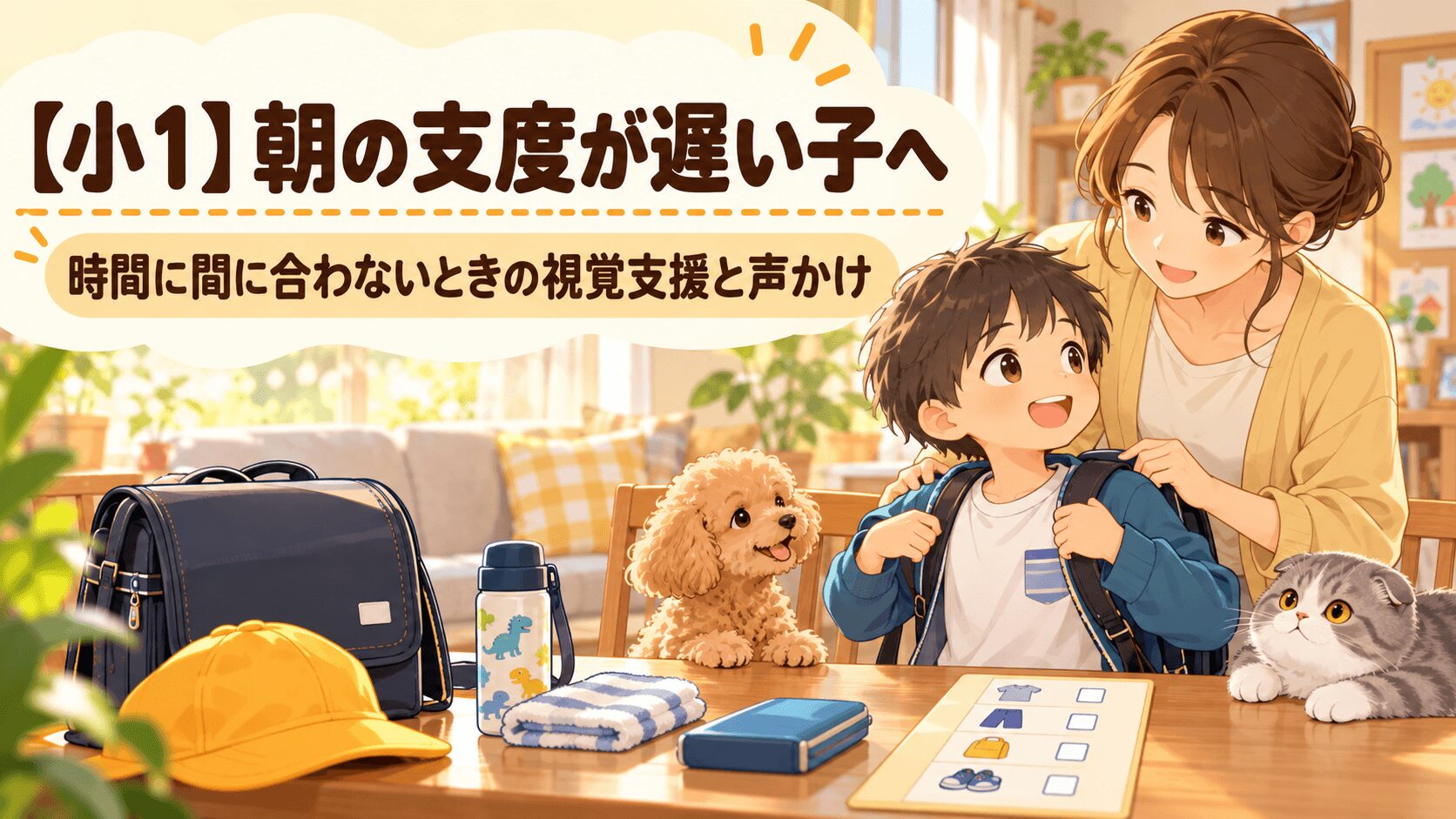 朝の支度が遅い小学1年生を保護者が視覚支援で手伝うイラスト