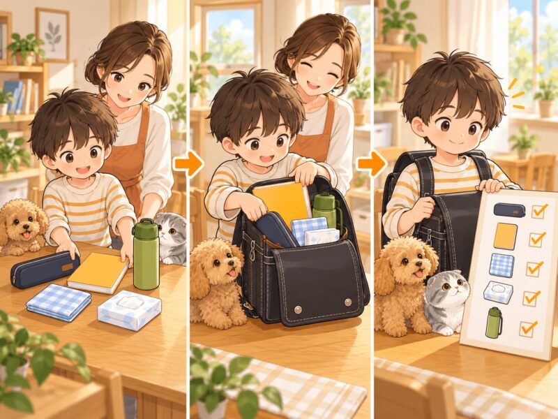 小学1年生が持ち物を集めてランドセルへ入れチェック表で確認する3段階のイラスト