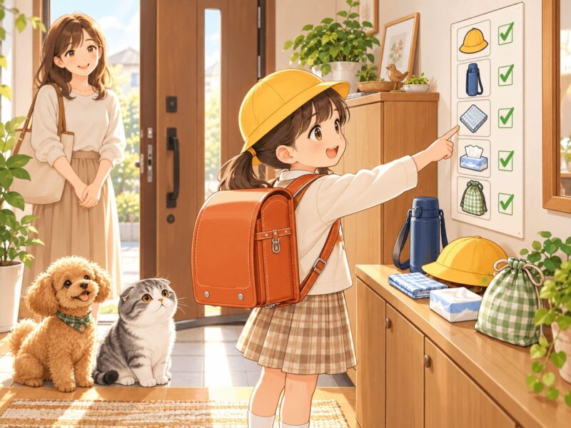 小学1年生が登校前に玄関の持ち物チェック表を自分で確認するイラスト