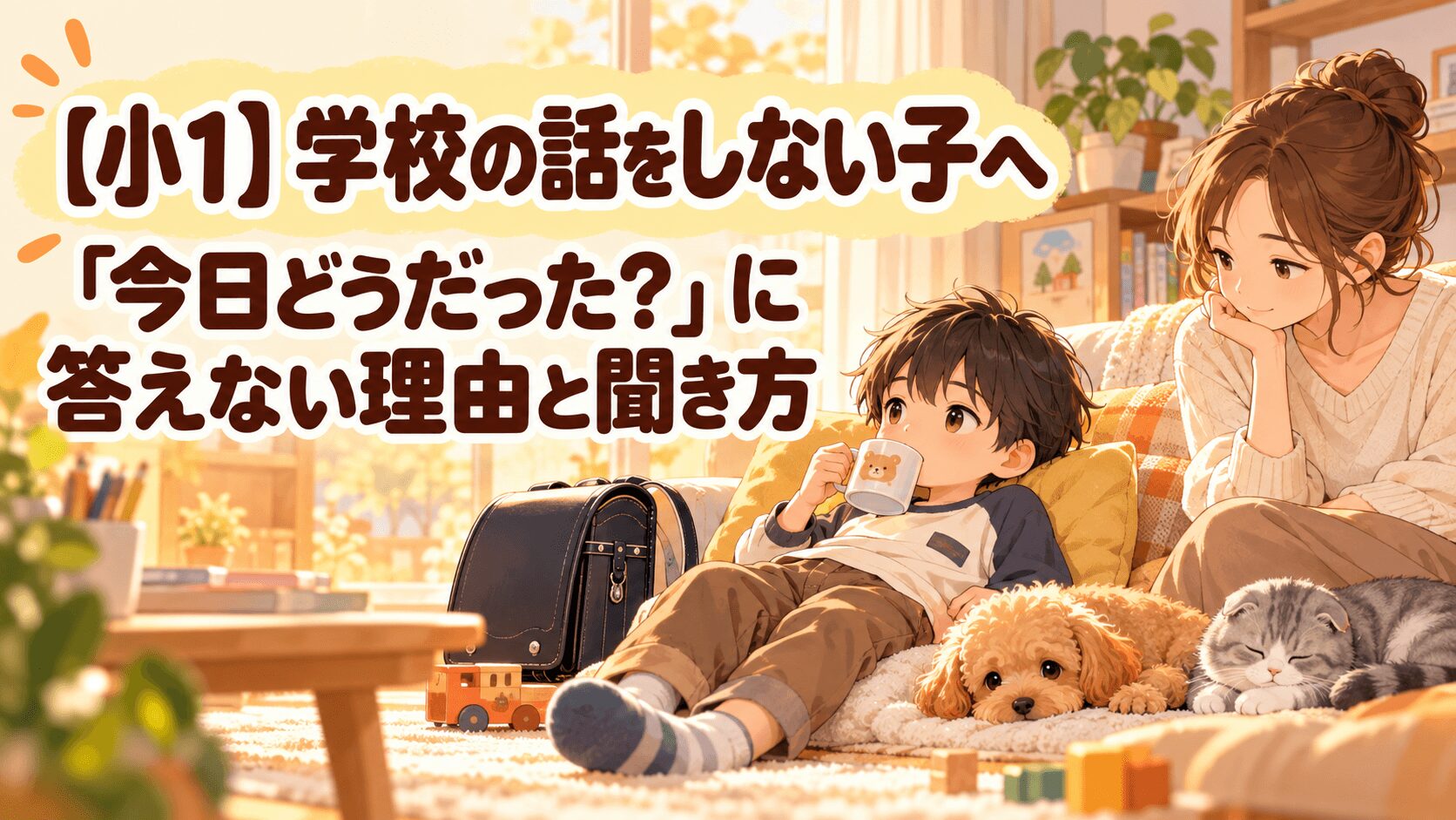 学校の話をすぐにしない小学1年生を保護者が急かさず見守るイラスト